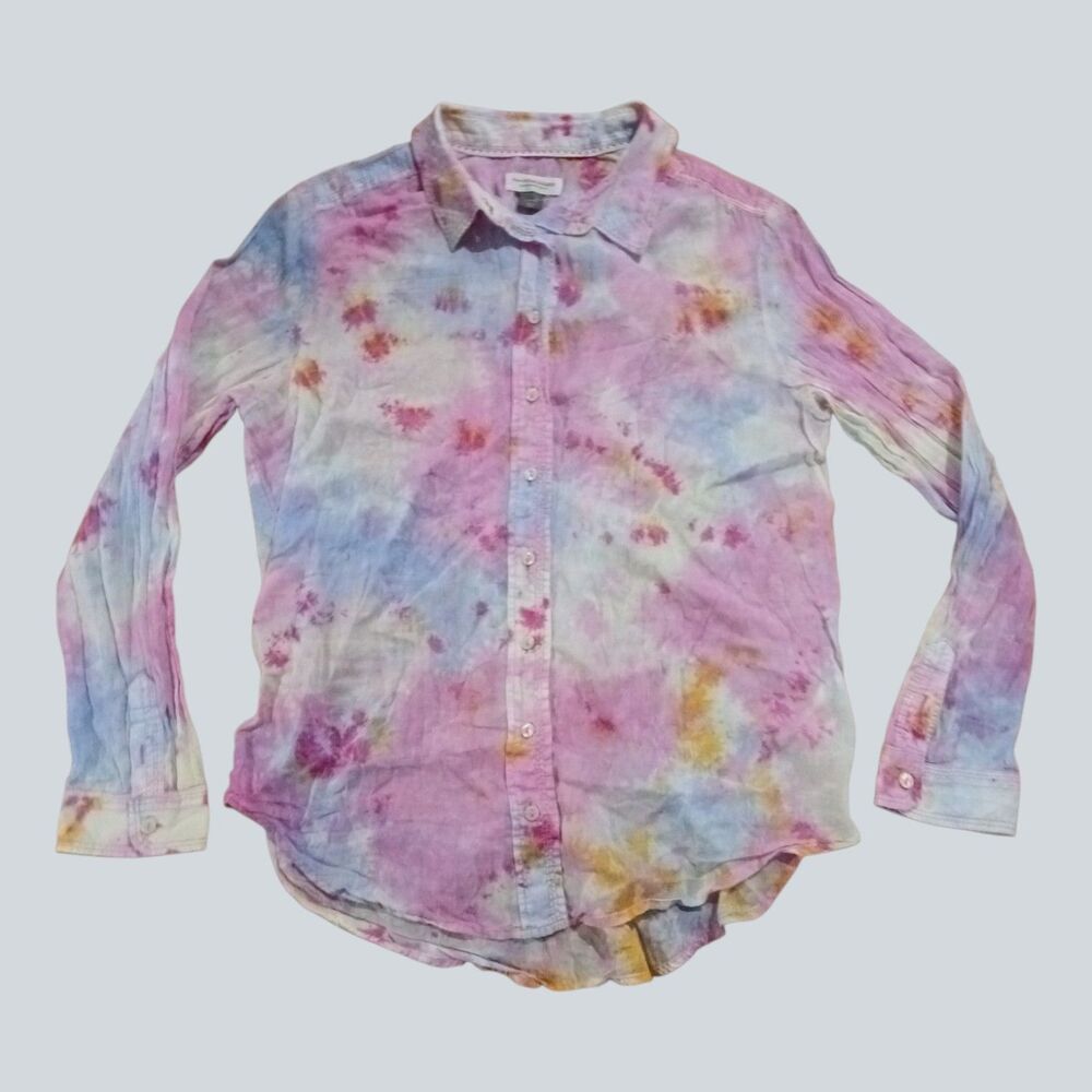 Pilcro Anthropologie L Cotton Gauze Tie Dye Button Shirt Pink Blue Boho